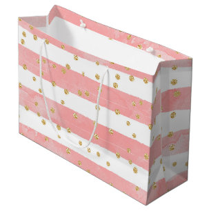 Pink Blush Stripes   Faux Gold Confetti Large Gift Bag