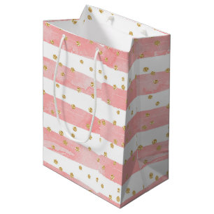 Pink Blush Stripes   Faux Gold Confetti Medium Gift Bag