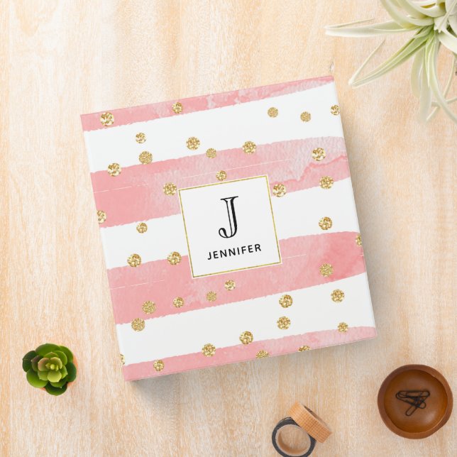  Pink Blush Stripes | Faux Gold Confetti Monogram 3 Ring Binder (In Situ)
