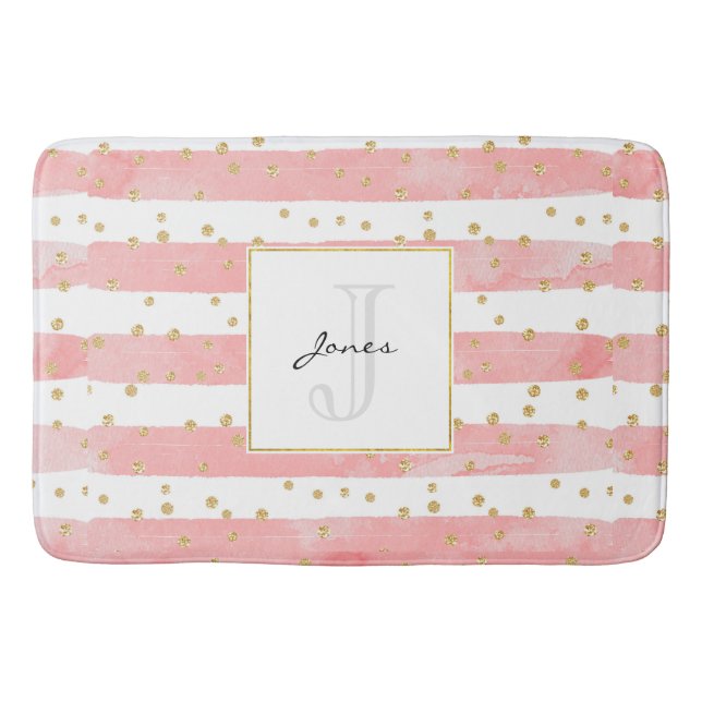 Pink Blush Stripes | Faux Gold Confetti Monogram Bath Mat (Front)