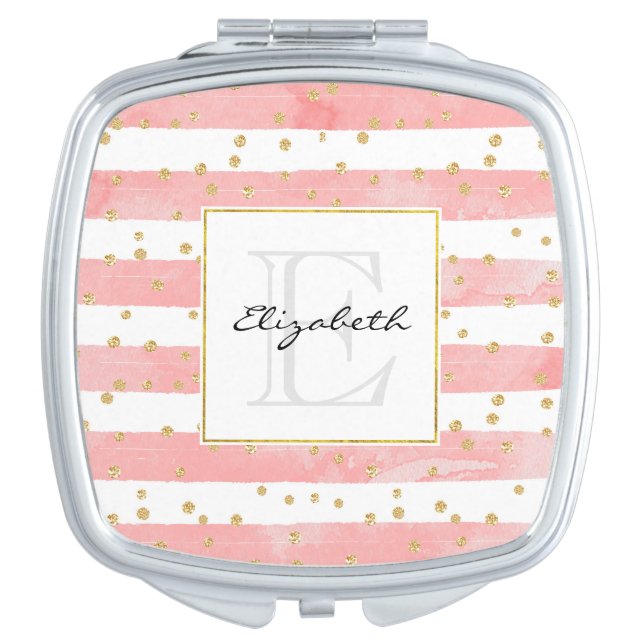 Pink Blush Stripes | Faux Gold Confetti Monogram Compact Mirror (Front)