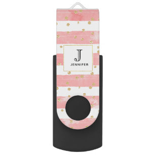 Pink Blush Stripes & Faux Gold Confetti Monogram Flash Drive
