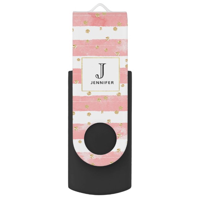 Pink Blush Stripes & Faux Gold Confetti Monogram Flash Drive (Front Vertical)