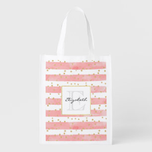 Pink Blush Stripes Faux Gold Confetti Monogram Grocery Bag