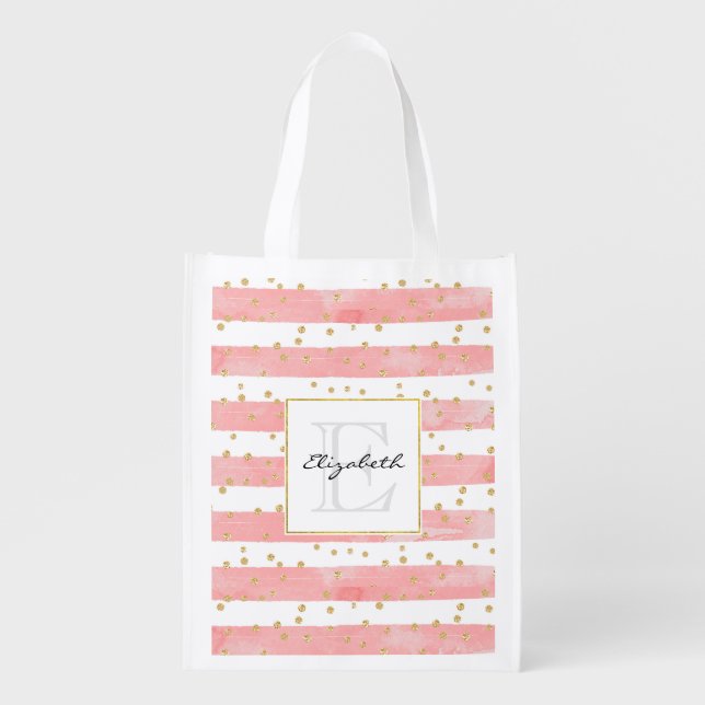 Pink Blush Stripes | Faux Gold Confetti Monogram Grocery Bag (Front)