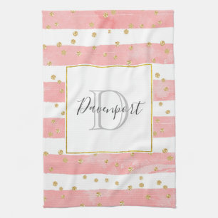 Pink Blush Stripes Faux Gold Confetti Monogram Kitchen Towel