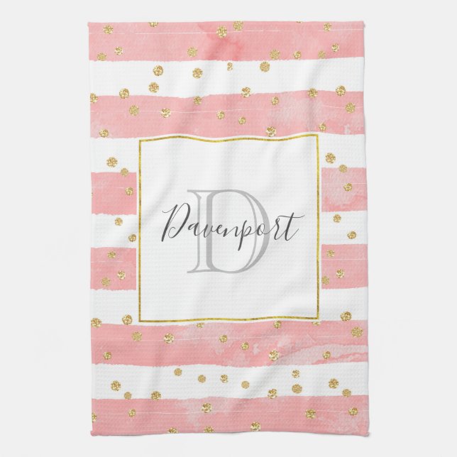  Pink Blush Stripes | Faux Gold Confetti Monogram Kitchen Towel (Vertical)