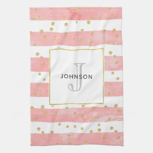 Pink Blush Stripes Faux Gold Confetti Monogram Kitchen Towel