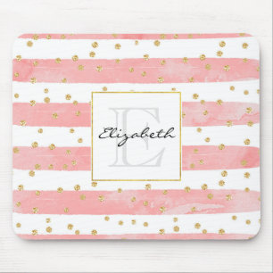 Pink Blush Stripes Faux Gold Confetti Monogram Mouse Pad