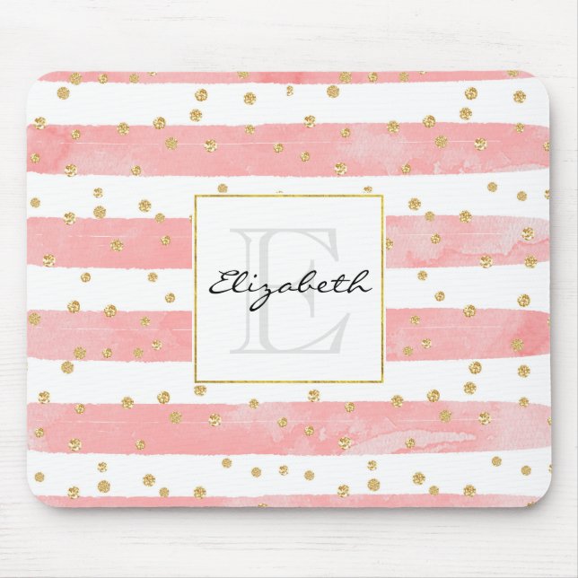 Pink Blush Stripes | Faux Gold Confetti Monogram Mouse Pad (Front)