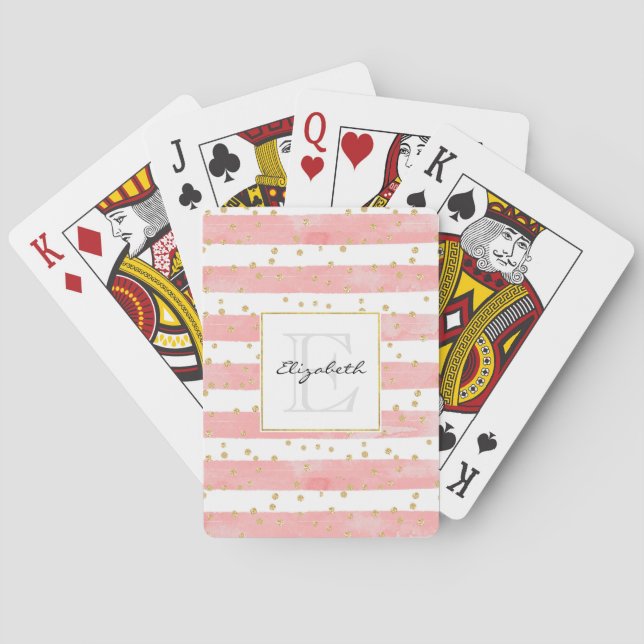 Pink Blush Stripes | Faux Gold Confetti Monogram Poker Cards (Back)