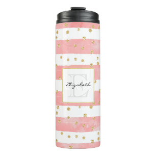 Pink Blush Stripes   Faux Gold Confetti Monogram Thermal Tumbler