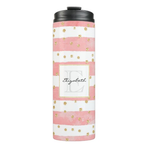 Pink Blush Stripes  Faux Gold Confetti Monogram Thermal Tumbler