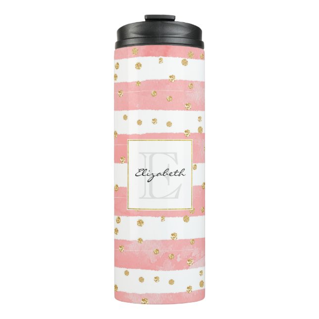 Pink Blush Stripes | Faux Gold Confetti Monogram Thermal Tumbler (Front)