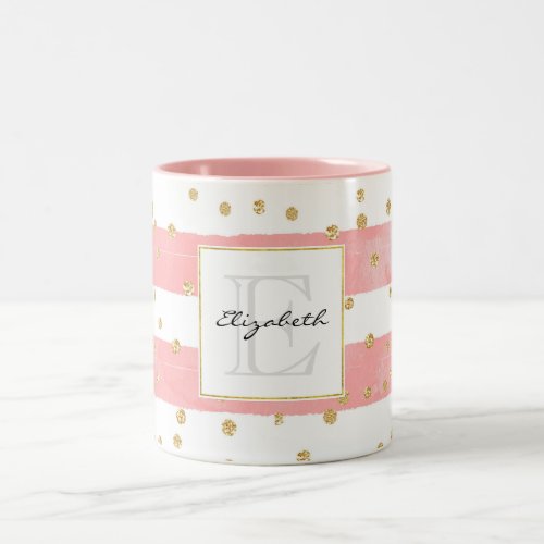  Pink Blush Stripes  Faux Gold Confetti Monogram Two_Tone Coffee Mug