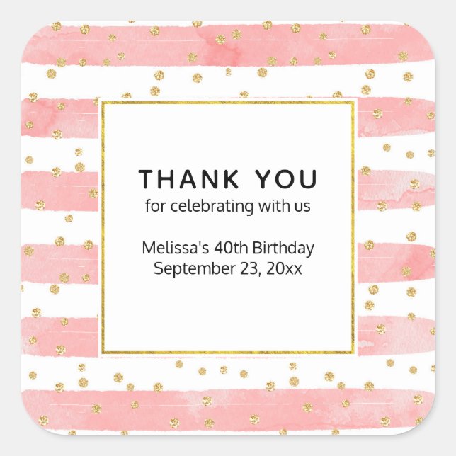 Pink Blush Stripes | Faux Gold Confetti Party Square Sticker (Front)
