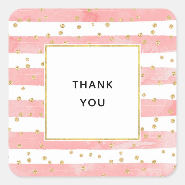 Pink Blush Stripes | Faux Gold Confetti Thank You Square Sticker (Front)