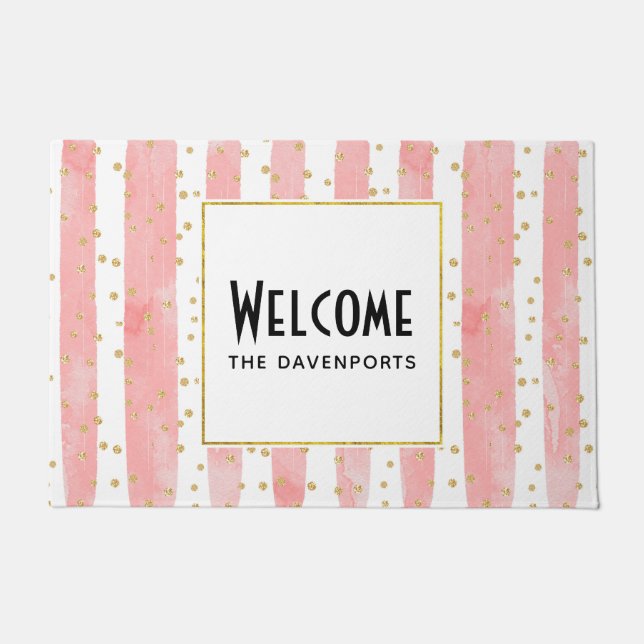 Pink Blush Stripes | Faux Gold Confetti Welcome Doormat (Front)