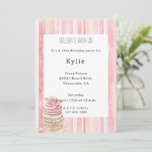 Pink Blush Stripes Macaroon Rose Floral Birthday Invitation