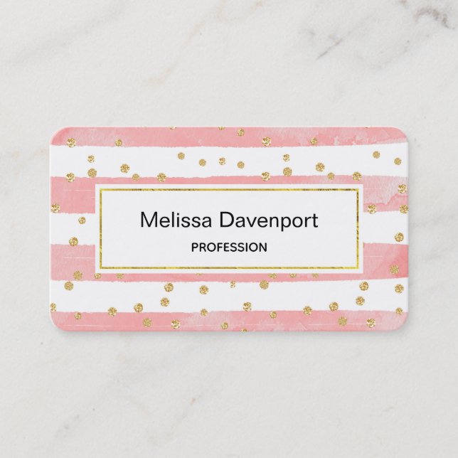 Pink Blush Stripes with Faux Gold Confetti Business Card (Front)