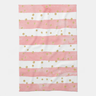  Pink Blush Stripes with Faux Gold Confetti Kitchen Towel