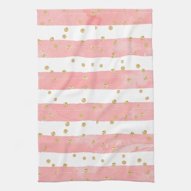  Pink Blush Stripes with Faux Gold Confetti Kitchen Towel (Vertical)