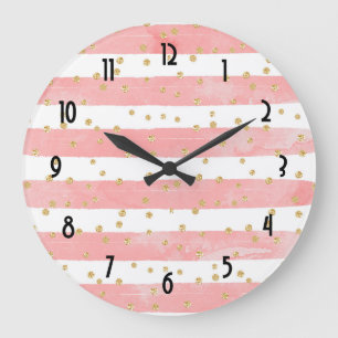 Pink Blush Stripes with Faux Gold Confetti Large Clock