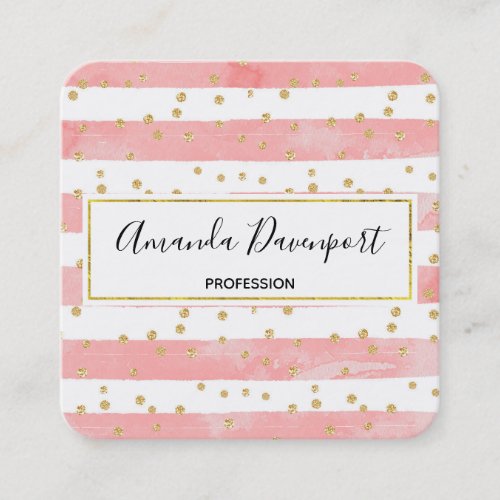 Pink Blush Stripes with Faux Gold Confetti Square Business Card