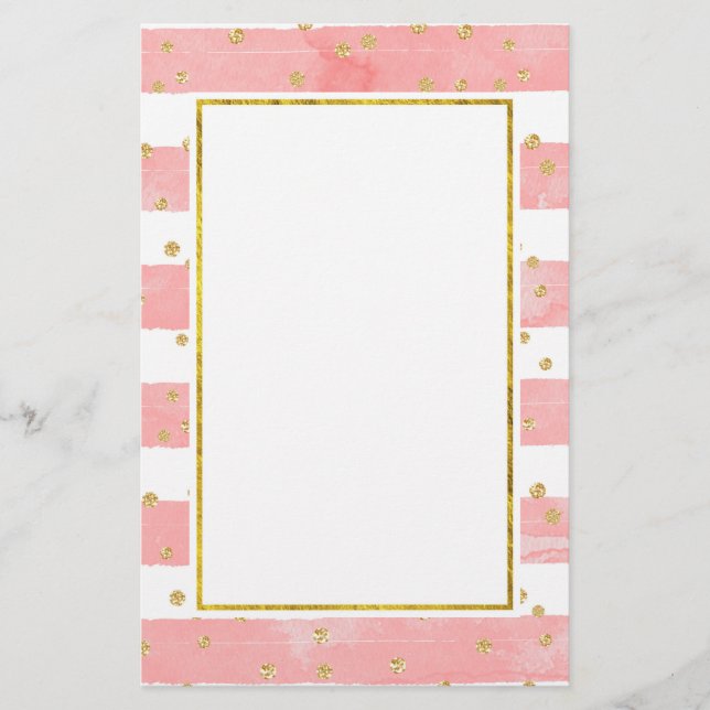 Pink Blush Stripes with Faux Gold Confetti Stationery (Front)