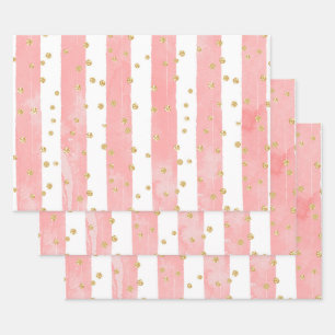 Pink Blush Stripes with Faux Gold Confetti Wrapping Paper Sheets