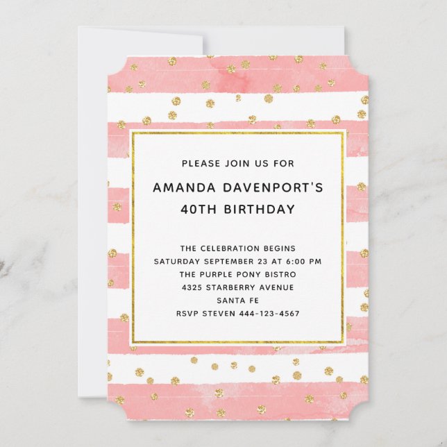 Pink Blush Stripes with Gold Confetti Birthday Invitation (Front)