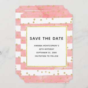 Pink Blush Stripes with Gold Confetti Birthday Save The Date