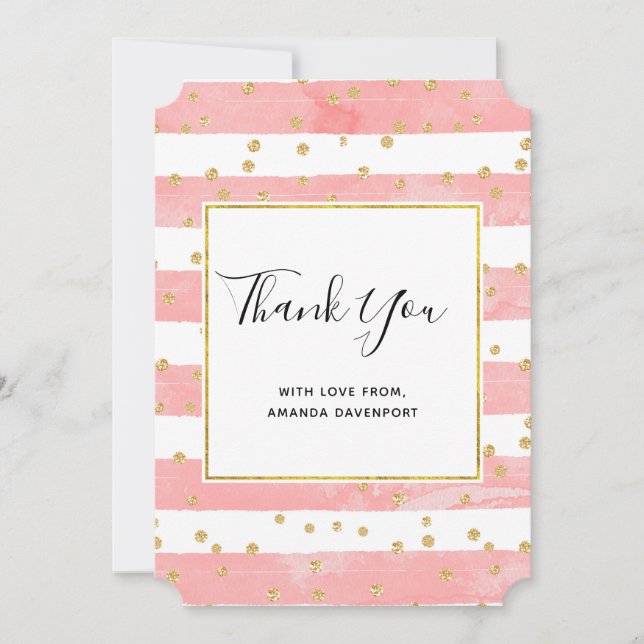 Pink Blush Stripes with Gold Confetti Thank You Card (Front)