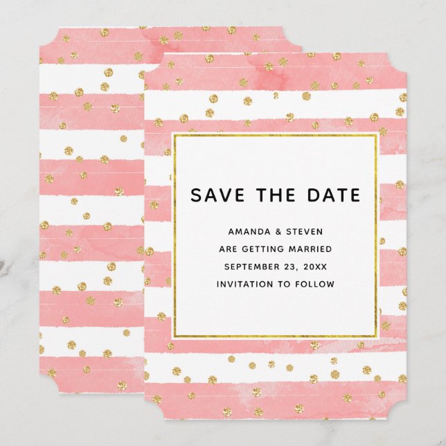 Pink Blush Stripes with Gold Confetti Wedding Save The Date (Front/Back)