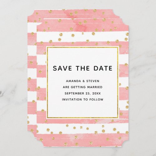 Pink Blush Stripes with Gold Confetti Wedding Save The Date