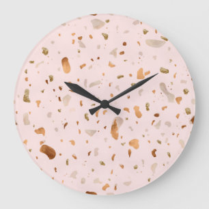 Pink Blush Terrazzo With Gold Copper Spots Large Clock