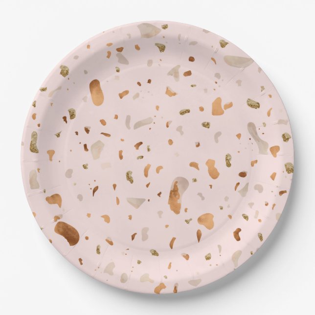 Pink Blush Terrazzo With Gold Copper Spots Paper Plates (Front)