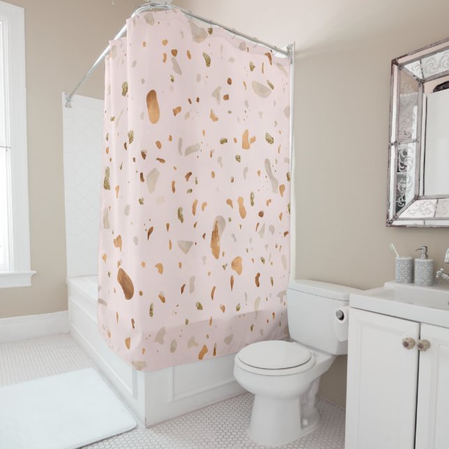Pink Blush Terrazzo With Gold Copper Spots Shower Curtain (In Situ)