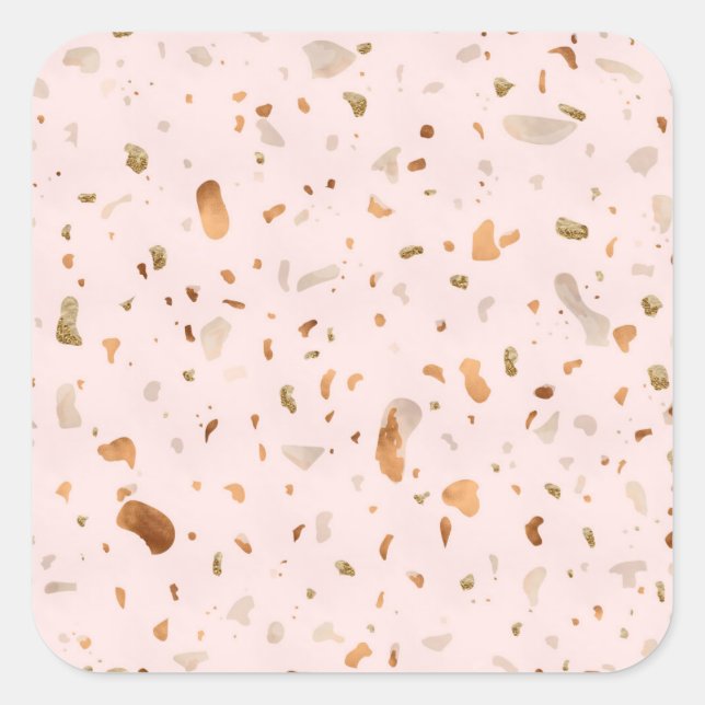 Pink Blush Terrazzo With Gold Copper Spots Square Sticker (Front)