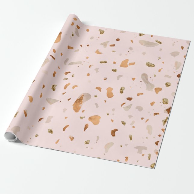 Pink Blush Terrazzo With Gold Copper Spots Wrapping Paper (Unrolled)
