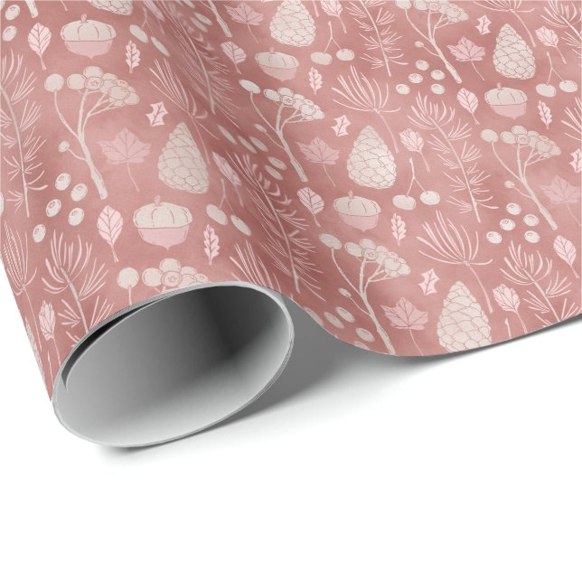 Pink Blush Tree Botanicals Christmas Holiday Gift Wrapping Paper (Roll Corner)