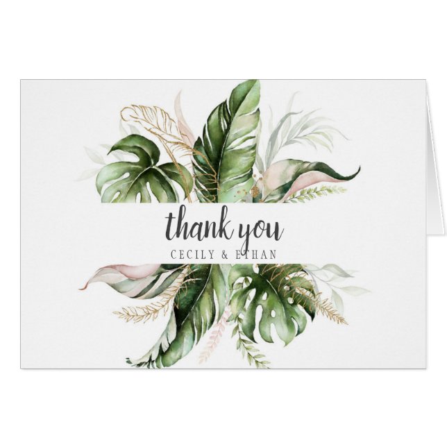 Pink Blush Tropical Greenery Wedding Thank You (Front Horizontal)