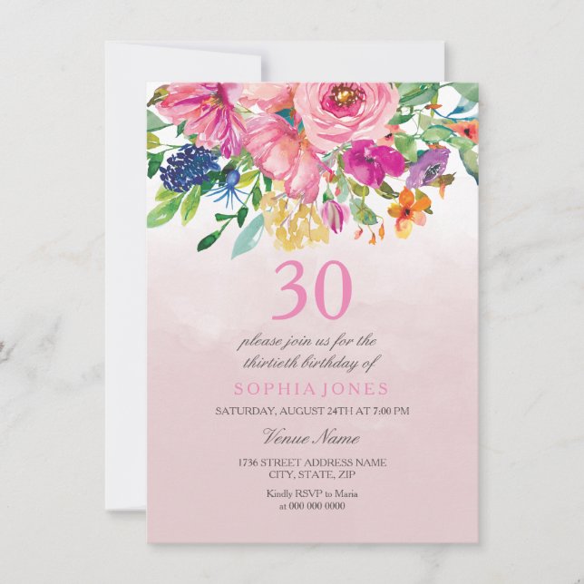 Pink Blush Tropical Watercolor 30th Birthday Invitation (Front)