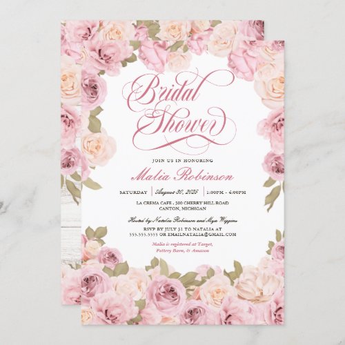 Pink Blush Vintage Rose Elegant Bridal Shower Invitation