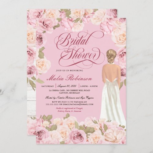 Pink Blush Vintage Rose Elegant Gown Bridal Shower Invitation
