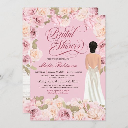 Pink Blush Vintage Rose Elegant Gown Bridal Shower Invitation