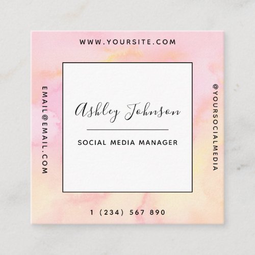 Pink Blush Watercolor Clouds Modern Add QR Code Square Business Card