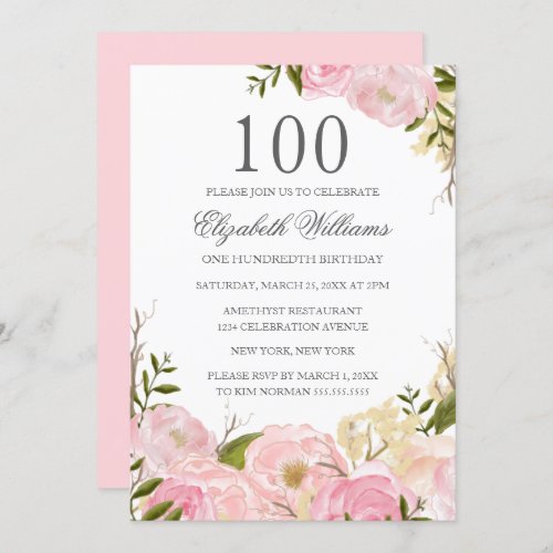 Pink Blush Watercolor Floral 100th Birthday Invite