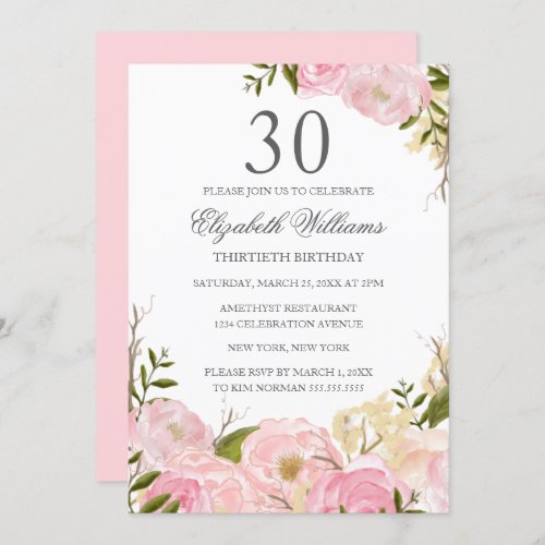 Pink Blush Watercolor Floral 30th Birthday Invite