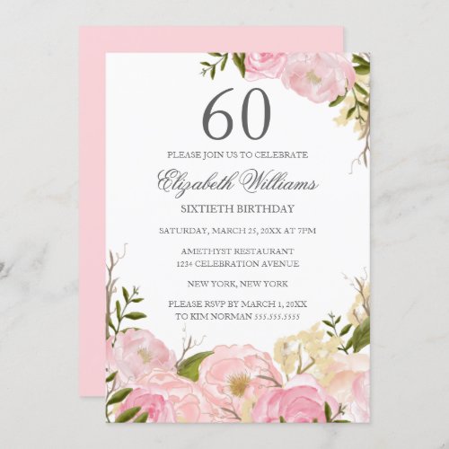 Pink Blush Watercolor Floral 60th Birthday Invite